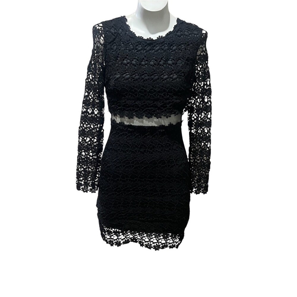 ANGL Dress Womens Size S Black Lace Bodycon Mini Long Sleeve Party